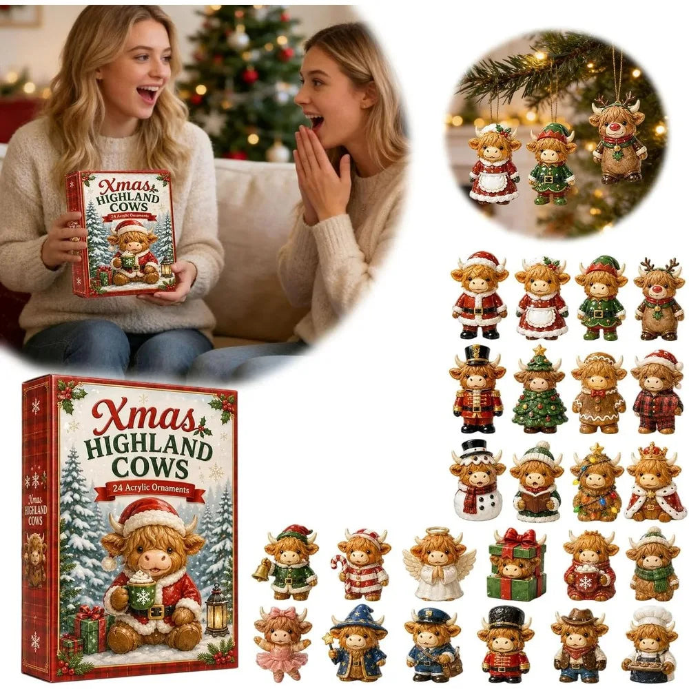 Highland Cow Advent Calendar 2026 with 24 Mini Cattle Figurines,  2D Acrylic Christmas Tree Decoration Pendant, Christmas Gift