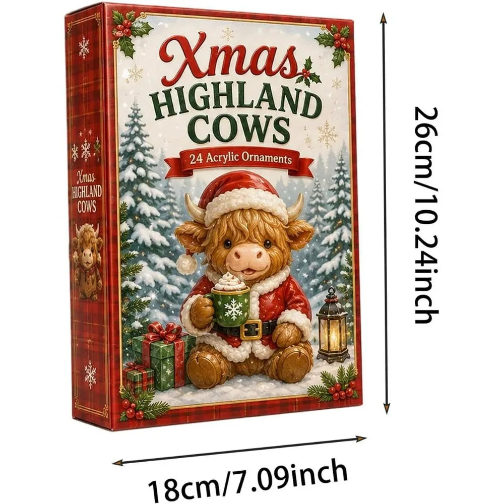 Highland Cow Advent Calendar 2026 with 24 Mini Cattle Figurines,  2D Acrylic Christmas Tree Decoration Pendant, Christmas Gift
