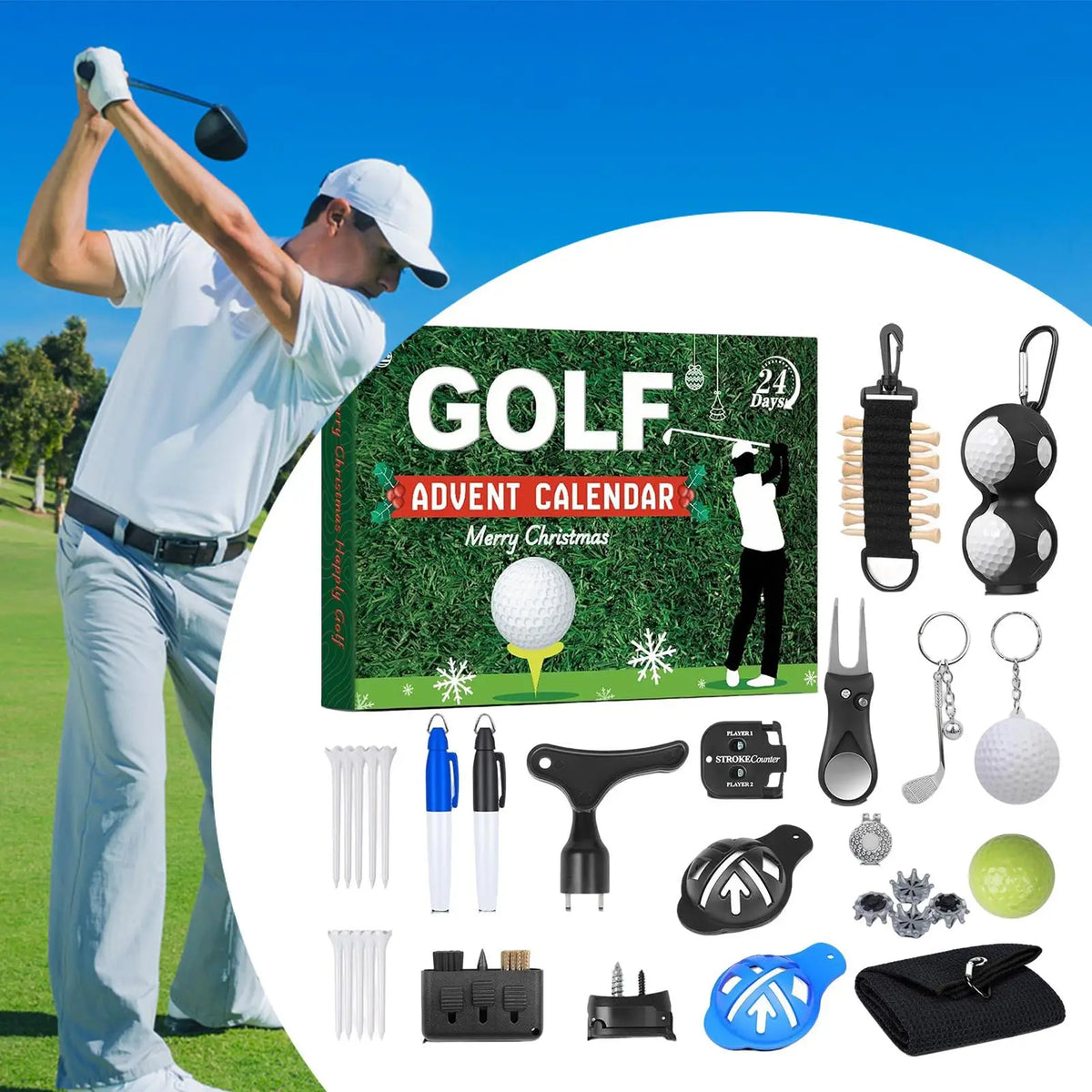 Christmas Calendar Countdown to Christmas 24 Boxes Accessory Set Golf Themed Design for Men Women Boys Girls Stocking Stuffers