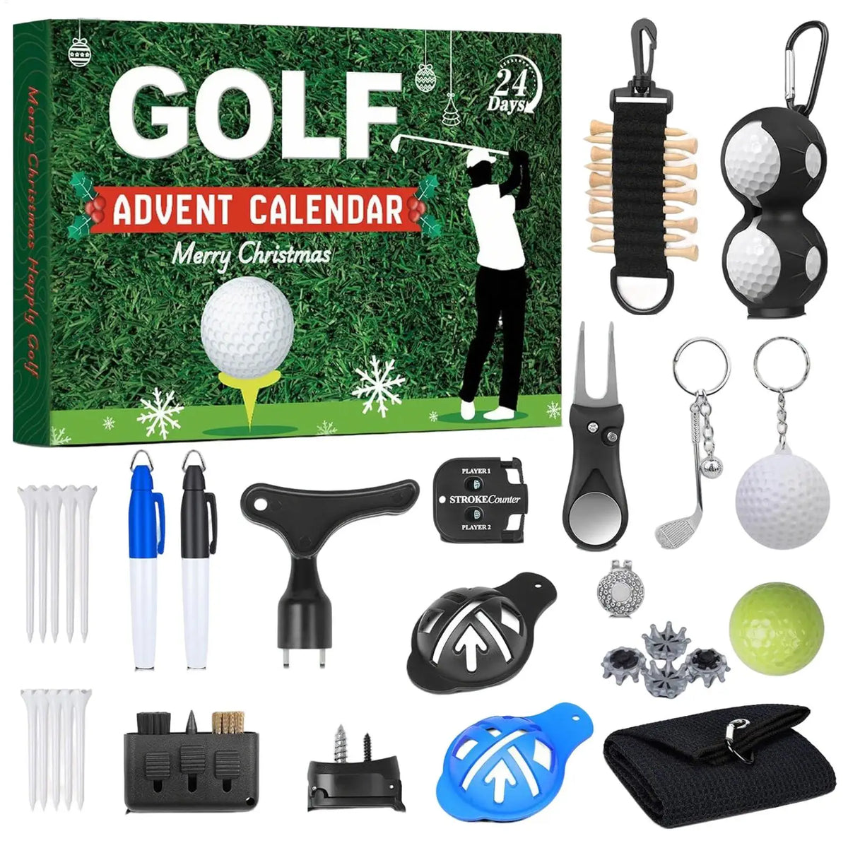Christmas Calendar Countdown to Christmas 24 Boxes Accessory Set Golf Themed Design for Men Women Boys Girls Stocking Stuffers