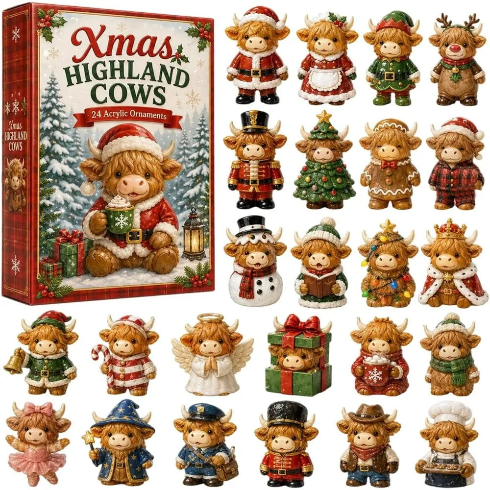 Highland Cow Advent Calendar 2026 with 24 Mini Cattle Figurines,  2D Acrylic Christmas Tree Decoration Pendant, Christmas Gift