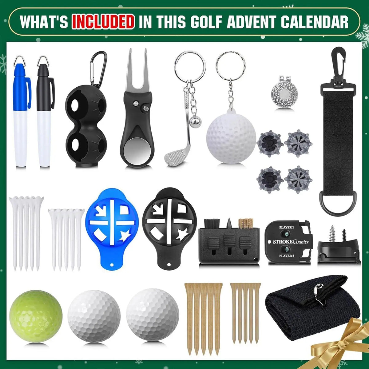 Christmas Calendar Countdown to Christmas 24 Boxes Accessory Set Golf Themed Design for Men Women Boys Girls Stocking Stuffers