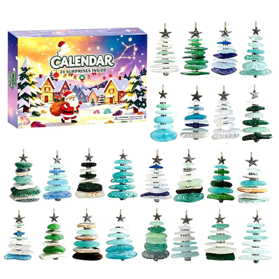 Christmas Advent Calendar Sea Glass Christmas Tree Ornaments 24 Day Countdown Blind Box Coastal Hanging Xmas New Year Gifts